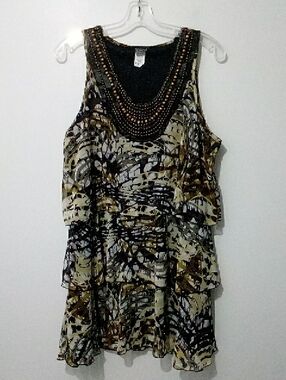 THX Wooden Beaded Neckline Layered Women's Tunic Tank Top - Black & Olive